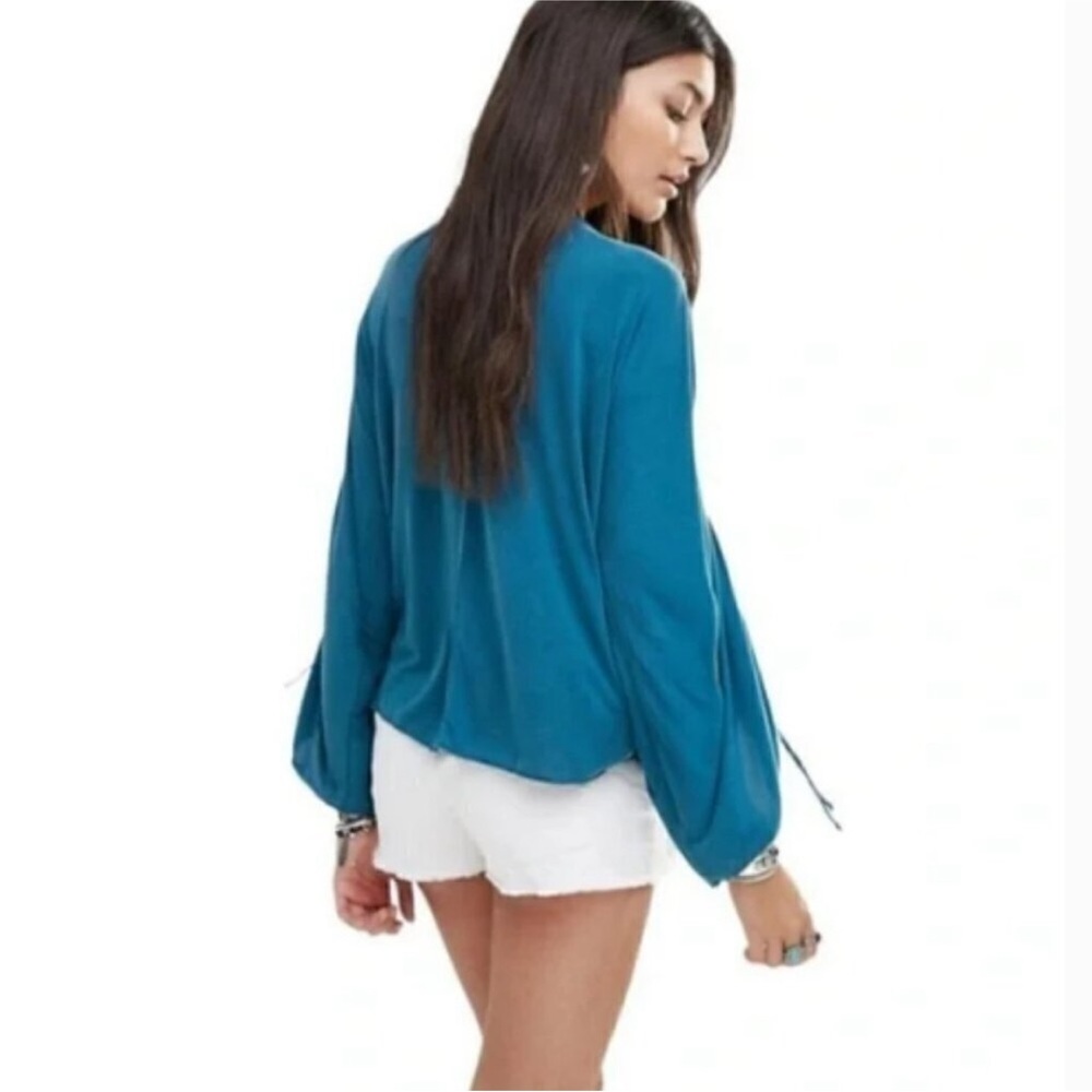 Free People Salt N Peppa Ruched Drawstring Sleeve Modal Mock Wrap Top Jade Med.